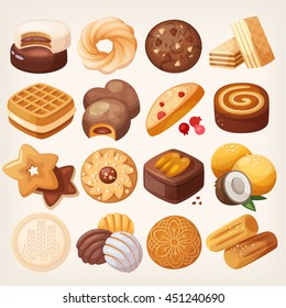 Cookies and biscuits icons set. Various pastry snack food. Isolated realistic vector illustrations. 