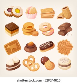 Cookies and biscuits icons set. Various pastry snack food. Isolated realistic vector illustrations. Chocolate and vanilla cookies