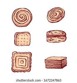 Cookies. Biscuits isolate in white background. Cake on the white background. Hand-drawn style.