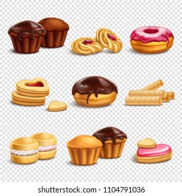 Cookies biscuits realistic 3d icons collection with nine isolated images of different sweets on transparent background vector illustration