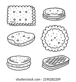 Cookies and biscuits set isolated on white background. Sweet food. Vector hand-drawn illustration in doodle style. Perfect for decorations, logo, menu, various designs.