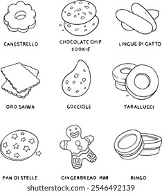 Galletas y galletas aisladas sobre fondo blanco. Comida dulce. Vector ilustración dibujada a mano en estilo doodle. Perfecto para decoraciones, logotipo, menú, varios diseños. Conjunto de Vectores