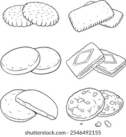 Galletas y galletas aisladas sobre fondo blanco. Comida dulce. Vector ilustración dibujada a mano en estilo doodle. Perfecto para decoraciones, logotipo, menú, varios diseños. Blanco y negro - conjunto de Vector