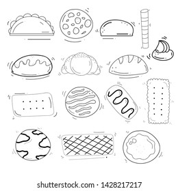 Cookies And Biscuits Theme Doodle Collection In White Isolated Background