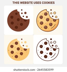 Biscoitos com mordidas tiradas. Ilustração de quatro vetores estilizados simbolizando cookies de internet. Ideal para banners de sites, avisos de privacidade ou mensagens UX "este site usa cookies". Design limpo e moderno.