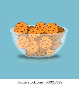 Cookies in bowl. biscuit in deep transparent plate. Oatmeal cookie with chocolate Drops
