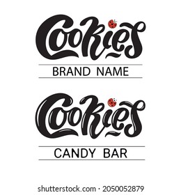 Cookies Brand Name And Candy Bar Logo, A Cookie With The Chocolate Chip, Hand Lettering,  Vector Illustration. Logo. Bitten Cookie. Cartoon Style For A Card, Packaging, Banner, Flyer, Sticker.