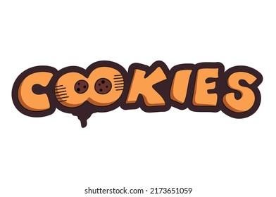 Cookies Brand Name Logo With A Chocolate Melted Drop, A Doodle Cookie, Hand Lettering,  Vector Illustration. Logo. Bitten Cookie. Cartoon Style For A Card, Packaging, Banner, Flyer, Sticker.