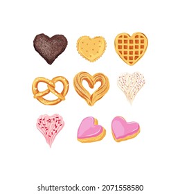 Cookies Buiscuits Waffles vector clip art set isolated on white. Valentines day sweets illustration collection. Sweet treats graphic elements for romantic design