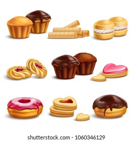 Cookies and buisquits realistic set with cream and syrup isolated vector illustration