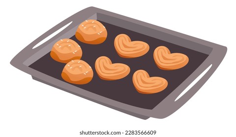 Galletas y bollos en una hoja de hornear. Cocina casera. Ilustración vectorial de dibujos animados.