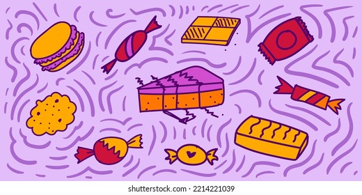 Cookies, candies and cheesecake, vector clipart with doodles, delicate color combinations.