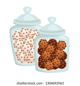 Cookies or candies of chocolate or glaze in jar confectionery products vector sweet food with sprinkles in glassware dessert meal or dish in glass container with cover bakery or pastry culinary.