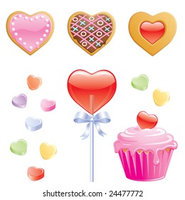 Cookies, candy hearts, lollipop and valentine cupcake