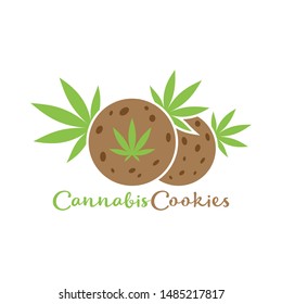 Cookies with cannabis; Simple vector logo; Minimal design and marijuana leaves; Isolated object on white background.
