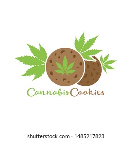 Cookies with cannabis; Simple vector logo; Minimal design and marijuana leaves; Isolated object on white background.