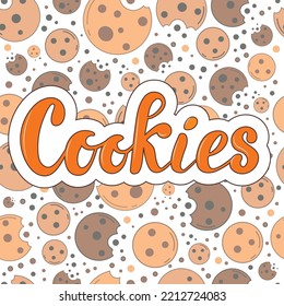 Cookies, caramel handwritten letters, digital vector illustration of cartoon logo on the cookies pattern. The illustration is for the cookie packaging boxes banner cards poster. Dessert. Sweets