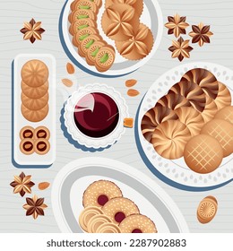 Cookies for celebration of El-Fitr Islamic Feast(The Feast that comes after Ramadan). Varities of Eid Al-Fitr sweets (Kahk-Gorayeba-Biscuits)Served with roasted nuts and cup of tea.