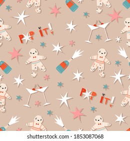 Cookies, champagne bottles, stars, and cocktail glasses seamless pattern. Vintage Christmas pattern design for print, stationery, gift wrap. Trendy illustrated cartoony design. Festive pop it text.  