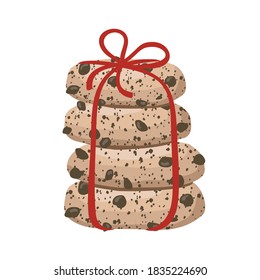 Cookies with chocolate in a bundle, red ribbon. Vector, white background, isolated.