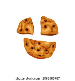 Kekse mit Schokoladenchips in zwei Hälften zerbrochen. Bitte Kekse. Vektorgrafik auf weißem, isoliertem Hintergrund.