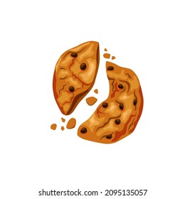 Cookies with chocolate chips broken in half. Freshly baked bitten cookies. Vector cartoon illustration.