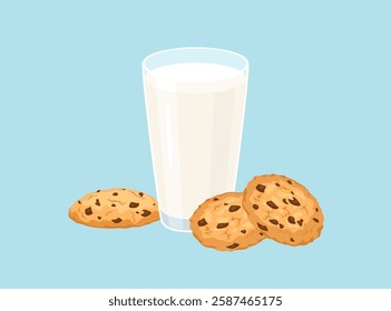 Cookies with chocolate chips and glass of fresh milk isolated on blue background. Vector cartoon flat illustration. Sweet cookie icon.