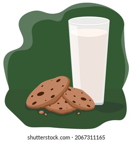 Cookies with chocolate chips and a glass of milk . oatmeal cookies with chocolate. Vector illustration on a green background