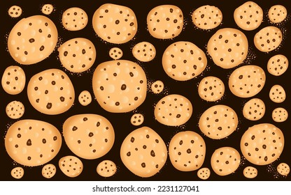 Cookies with chocolate chips on a dark background. The concept of cooking, sweets, food blog. Vector illustration of cookies for decoration and design.