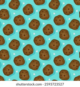 Cookies with chocolate chips pieces and hearts seamless pattern, vector illustration cartoon style background