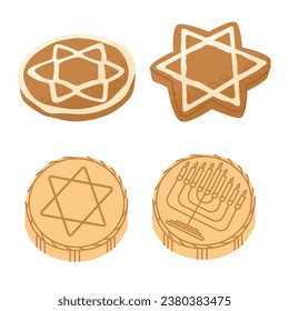 Cookies and chocolate coins. A traditional treat for the Jewish holiday Hanukkah. Family values and religious rituals. Star of David symbol and candelabra with 9 candles. Vector illustration isolated 