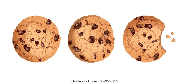 Cookies With Chocolate Crisps. Cookie Crumbs, Bitten Cookie. Vector Illustration.