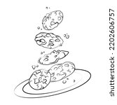 Cookies with chocolate crisps falling into a plate Line art drawing vector isolated illustration.Traditional dessert Bitten, broken, cookie crumbs,hand drawn black white sketch