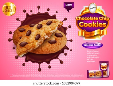 Cookies in chocolate splash ads. 3d illustration and packaging