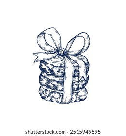Cookies with chocolate tied with a ribbon and a bow hand drawn Isolated vector illustration. Cookies sketch symbol for bar or restaurant menu, holiday poster, new year invitation. Engraving style.