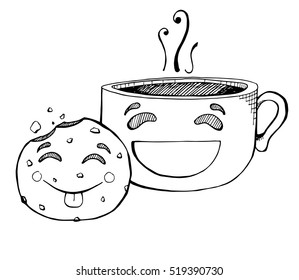 Cookies and coffee. Hand drawn in black on a white background. Vector illustration.