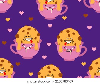 Cookies And Coffee Sex Pattern Seamless. Experience Pleasure Background. Dipping Cookie In Cup Of Coffee. Vector Illustration With Adult Overtones