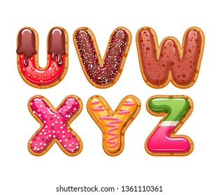 Cookies with colorful icing abc letters set - sweet biscuits alphabet design.