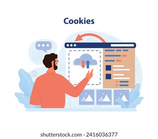 Concepto de cookies. Un hombre enfocado interactúa con un sitio web, administrando el intercambio de datos simbolizado por iconos en la nube, entendiendo la huella digital. Experiencia en línea del usuario. Ilustración vectorial plana