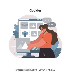 Cookies concept. Smiling woman interacts with a webpage displaying Save and cloud icons, indicating data storage preferences. Digital privacy and user experience. Flat vector illustration svg