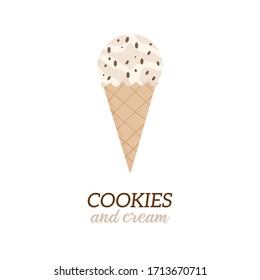 Cookies and cream ice cream vector illustration. Sweet dairy or vegan cookie flavored ice cream in waffle cone. Isolated.  