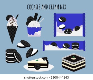 Cookies and cream mix collection. Dessert food and snacks Blue background color.