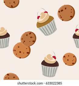 Cookies and cupcake vector seamless pattern. Muffin seamless background.