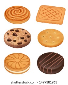 Cookies. Delicious food dessert sweets creamy biscuits with chocolate crumbles pieces crackers vector realistic collection