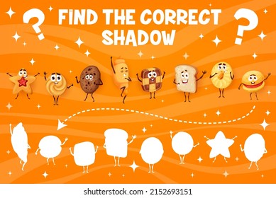Cookies Desserts And Bakery Characters, Find The Correct Shadow Kids Game. Cartoon Worksheet With Croissant, Chocolate Cookie, Shortbread And Bread Toast Slice Personages, Matching Riddle