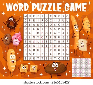 Cookies, Desserts And Bakery Characters Word Search Puzzle Game Worksheet. Vector Kids Quiz Grid With Muffin, Donut, Slice, Baguette, Loaf, Croissant, Cracker, Bread Personages, Task Maze