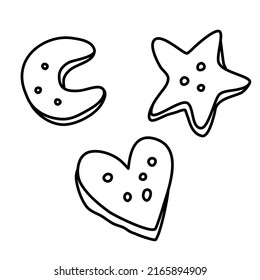 Kekse verschiedener Formen - Mond, Stern, Herz. Vektordoodle-Zeichnung. 
