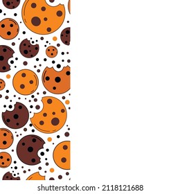 Cookies, digital vector illustration of brown cookies with chocolate balls on the left side white background. The illustration is for the cookie packaging banner cards poster. Dessert. 
