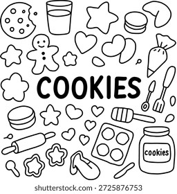 Cookies doodle illustration set with baking tools, ingredients and sweet treats in black and white outline style. Hand drawn line art baking elements for recipes, packaging, menus and dessert design.