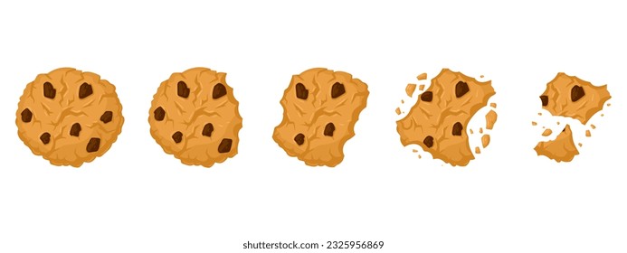 Cookies eating process. Cartoon bitten chocolate chip crunchy biscuits, cookie crumbs flat vector illustration set. Sweet crumbled cookies